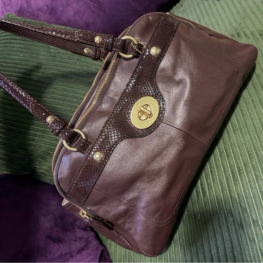 Vintage Coach Double Zip Penelope Satchel Chocolate Brown Leather Snakeskin Trim